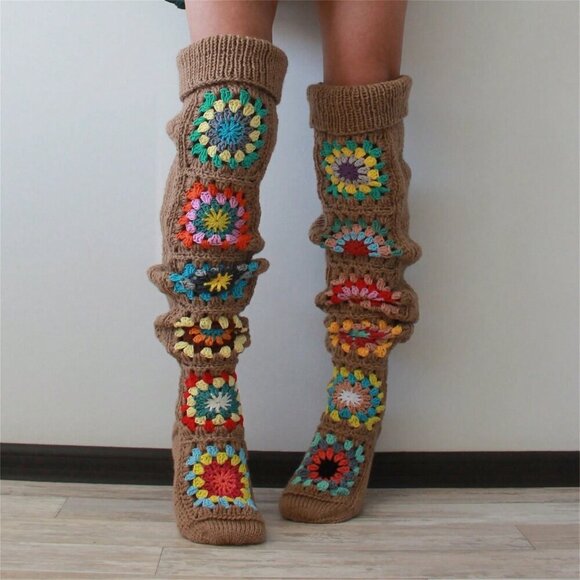 Khaki Women's Extra Long Crochet-Knit Thigh Socks Over Knee Stockings - Picture 1 of 3